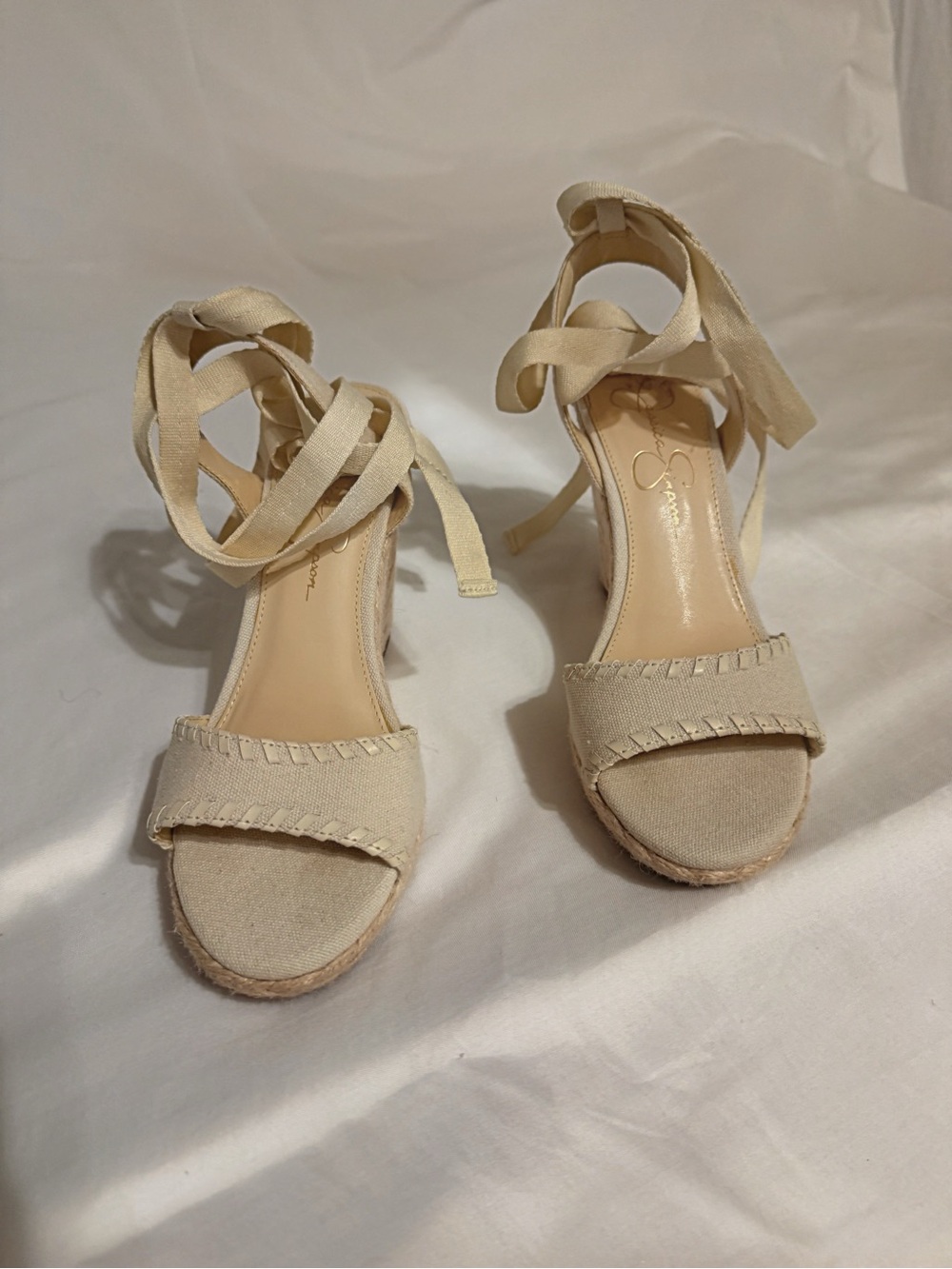 Jessica Simpson Cream Ankle-Tie Espadrille Wedge Sandals